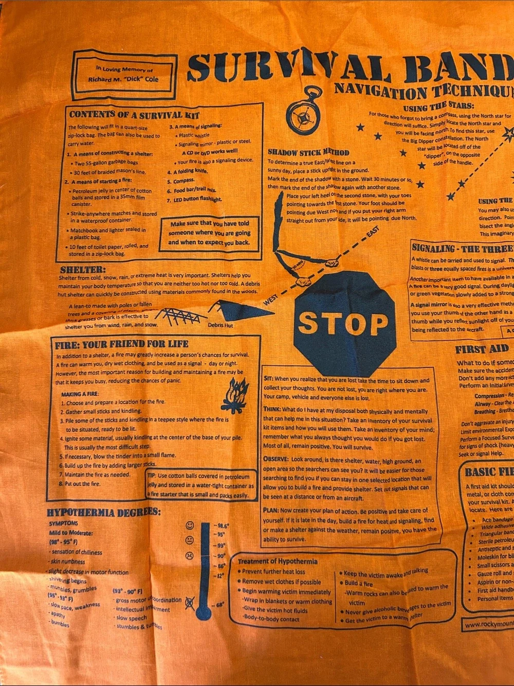 Survival Bandana Printed Navigation & First Aid Tips - Orange Hunting/Hiking New